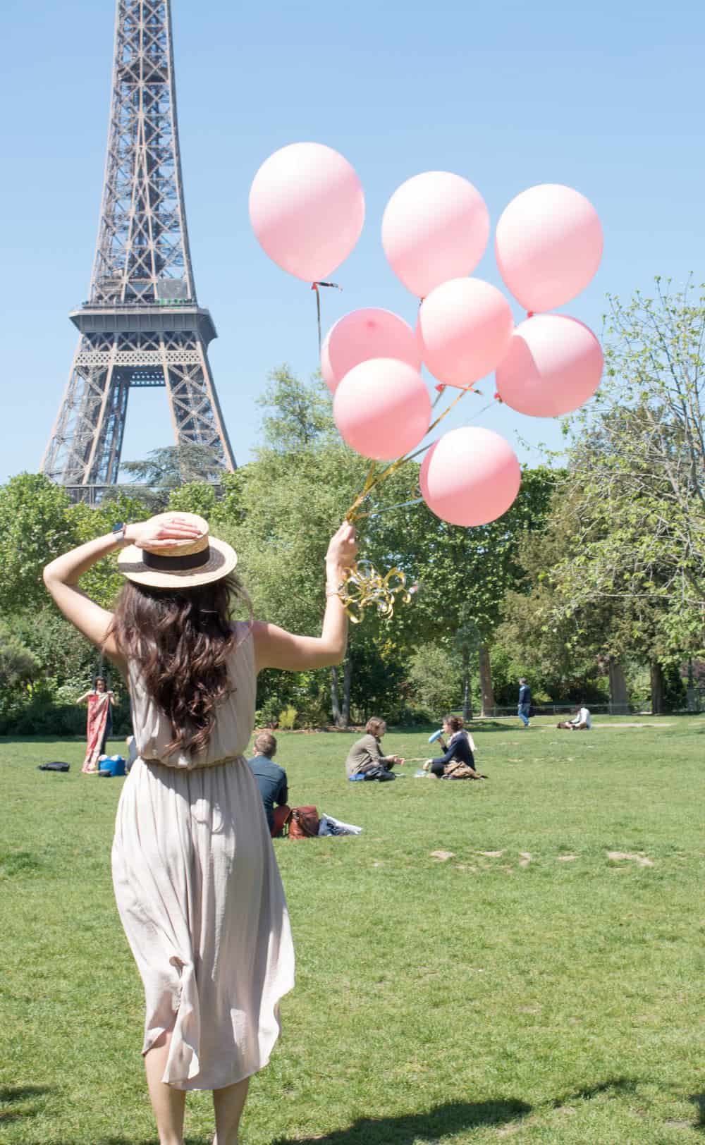 pink balloons at the eiffel tower in paris france