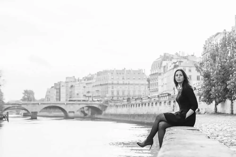 rebecca plotnick in black and white on the seine in paris, france
