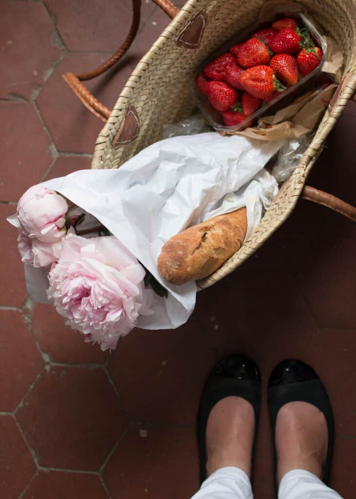 spring market basket and black flats for walking the city