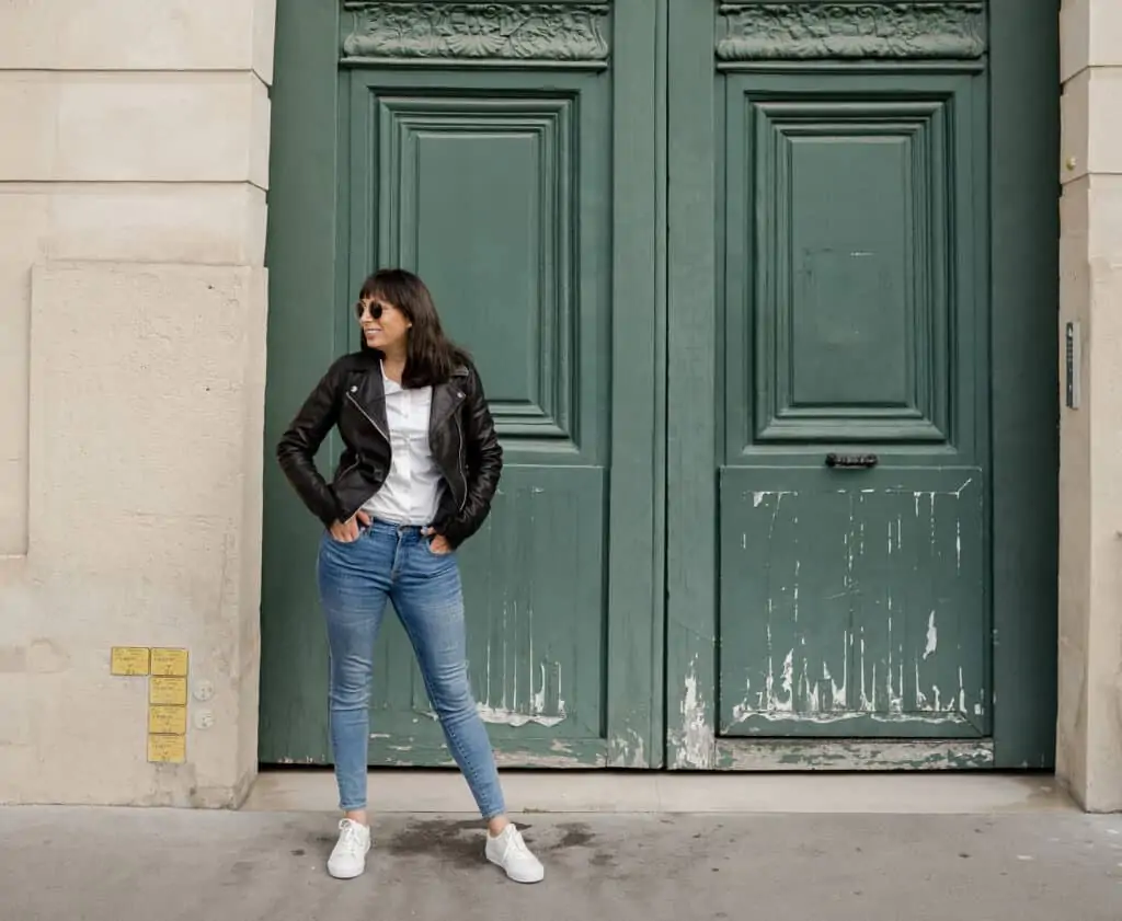 woman wearing leather jacket and jeans from Madewell Holiday Sale Favorites