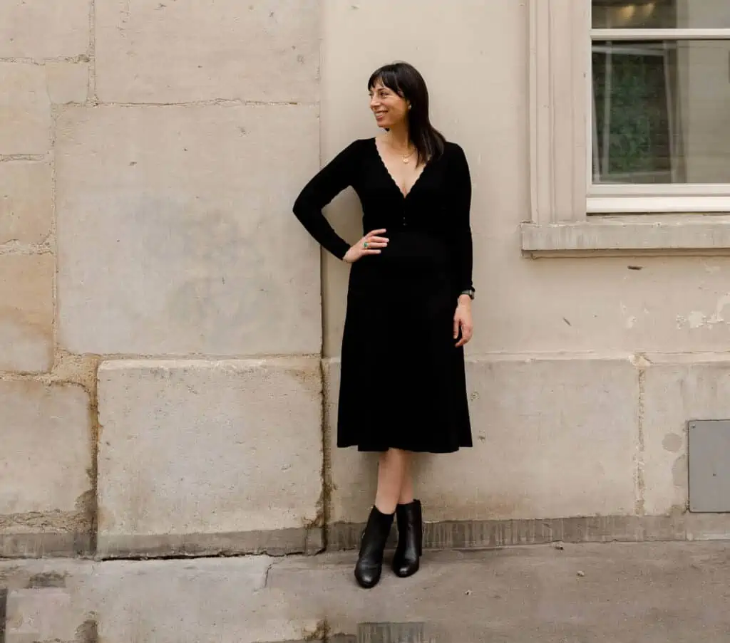 sezane black dress and booties everyday parisian 