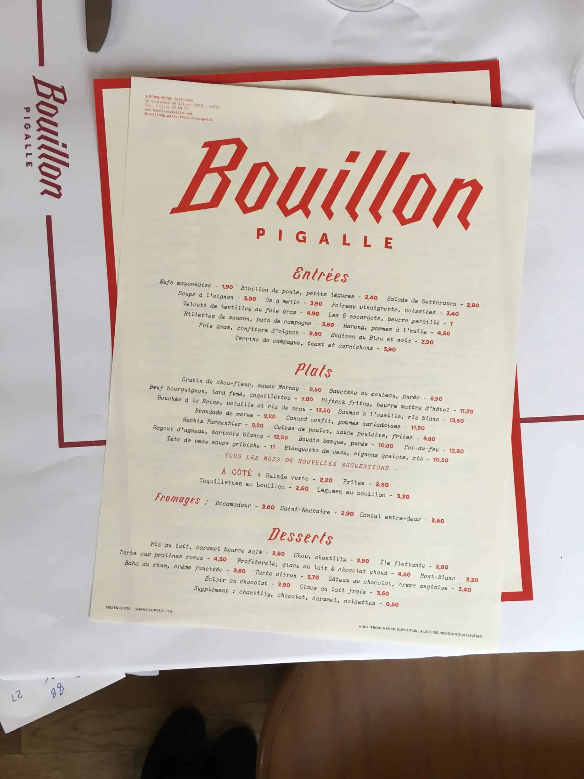 Bouillon Pigalle menu