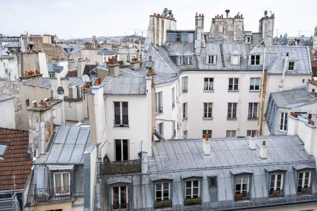 Parisian rooftops view from Hotel Dame des Arts Paris, France 