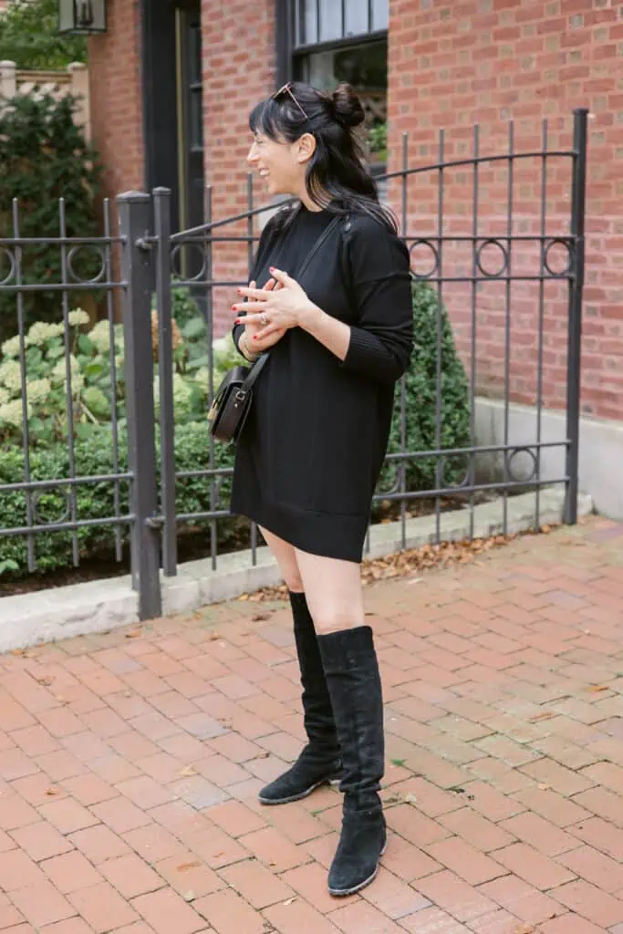 Black sweater dress and over the knee boots 