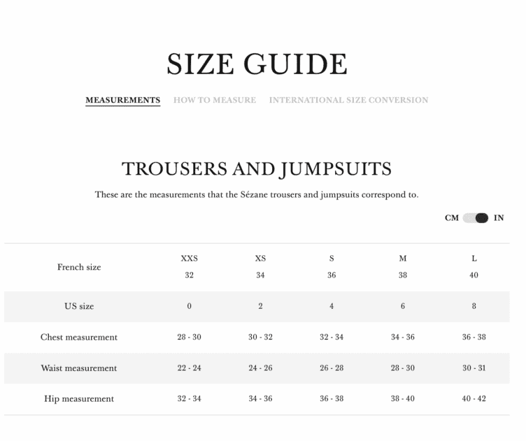 Sézane Size guide for trousers and pants 