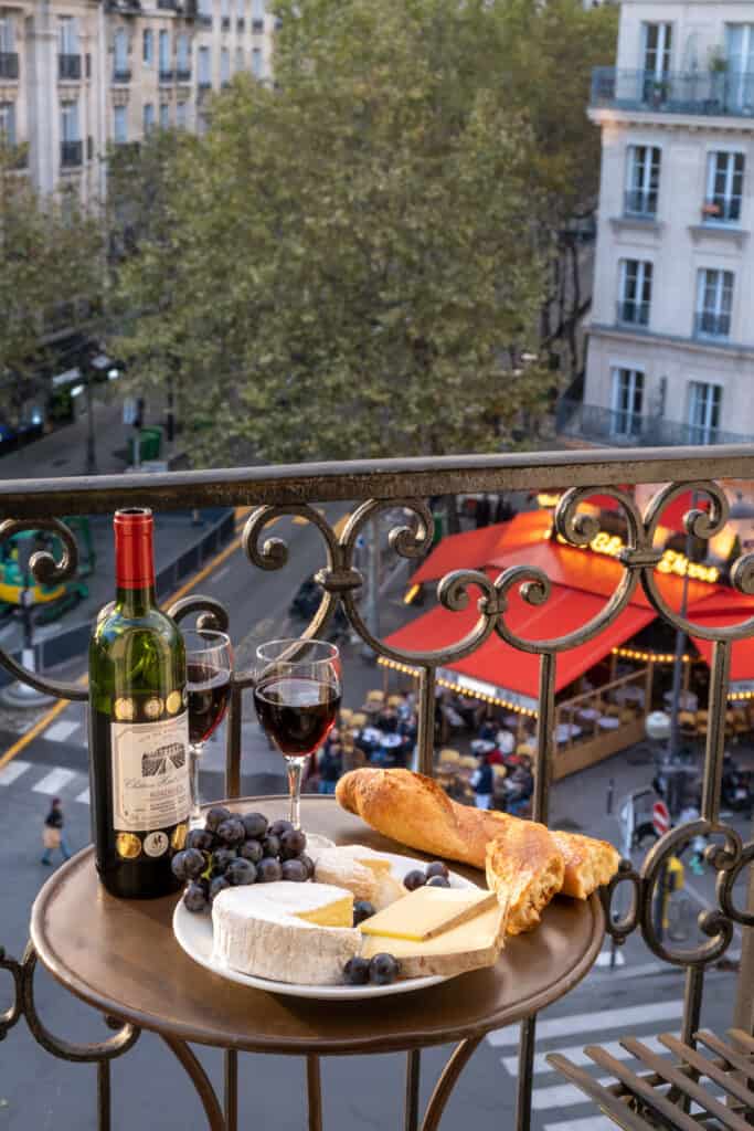 wine and cheese on Paris balcony 