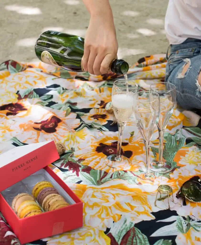 champagne picnic in Paris Palais Royal gardens 