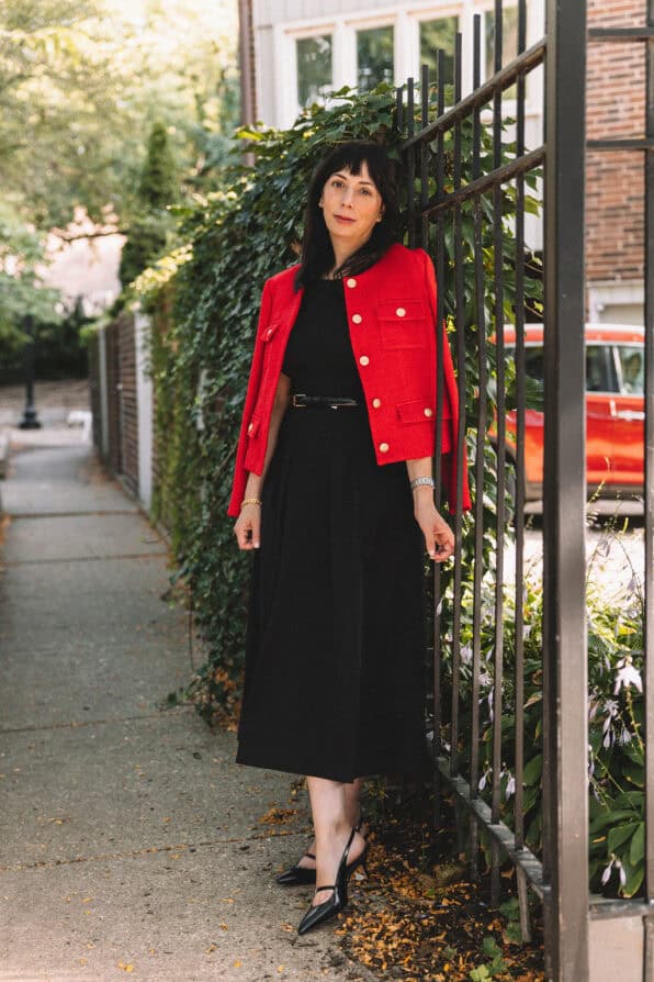 Jcrew red coat and black dress