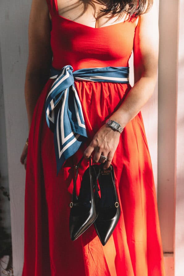 Jcrew red dress with blue belt