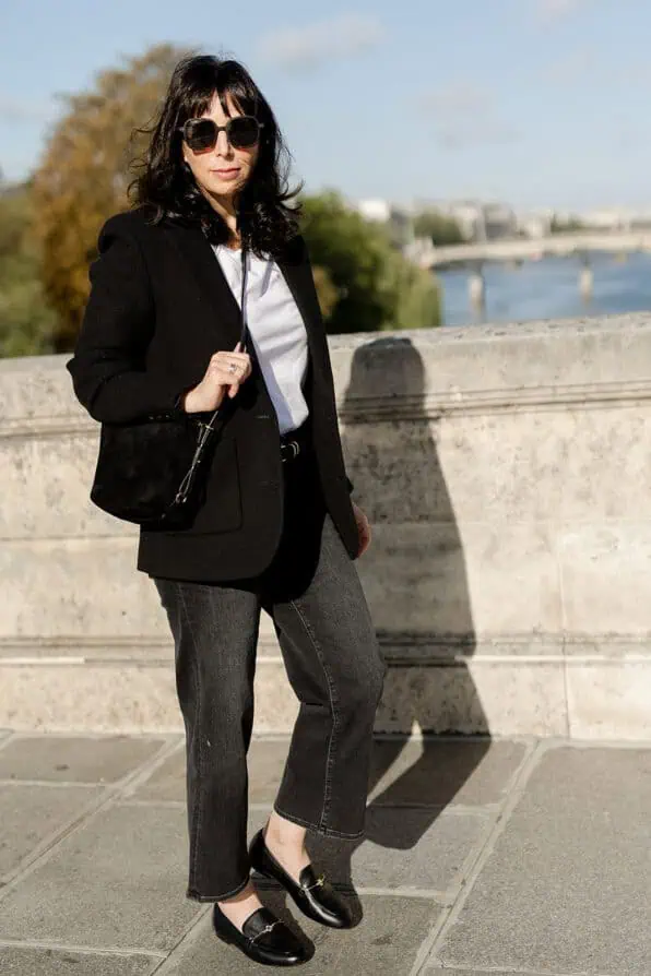 Packing for Paris in September loafers jeans and Lou Sézane bag and Jack blazer