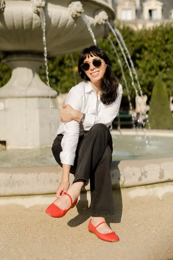 white button down and red flats Paris September outfits