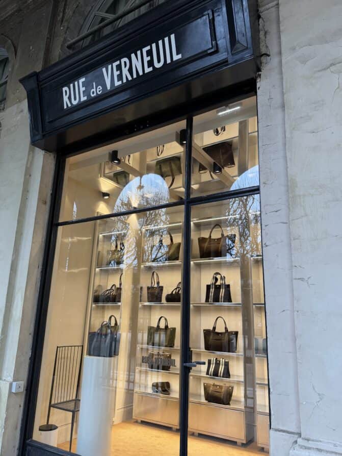 inside Rue de Verneuil Parisian bag storefront in Palais Royal 
