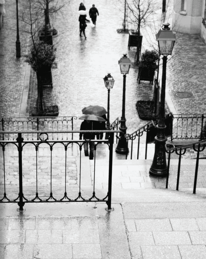 Paris black and white in the rain 