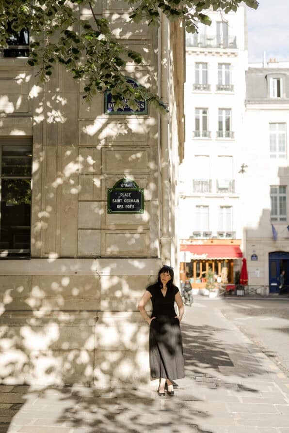 black dress and flats Paris