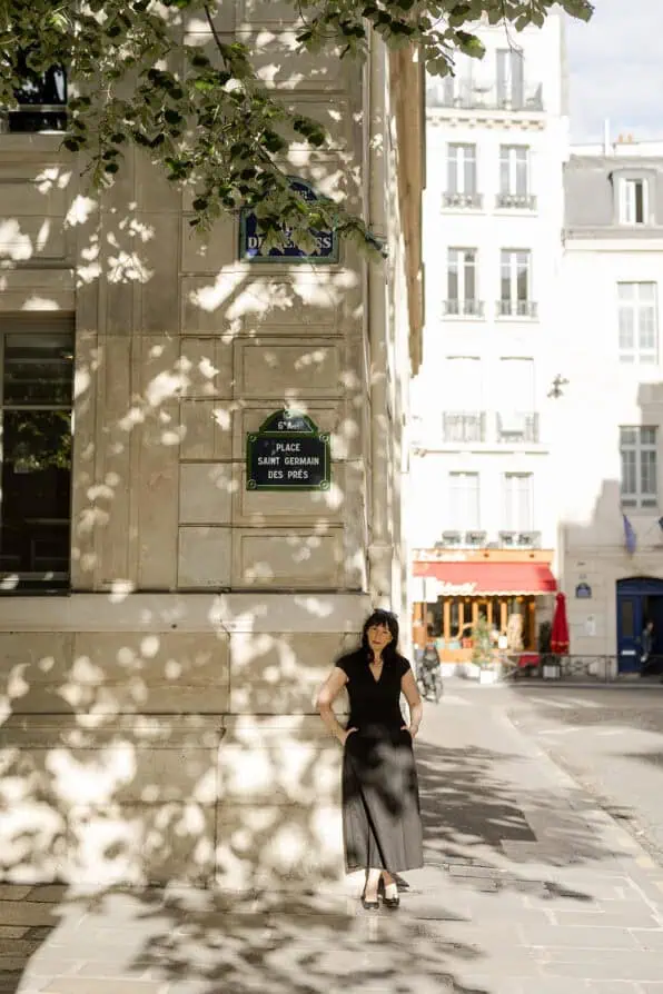 black dress and flats Paris