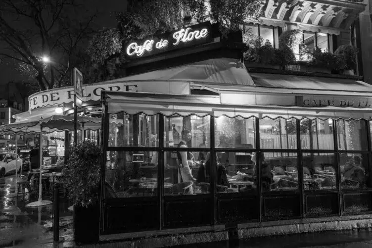 Café de Flore rainy day terrace at night