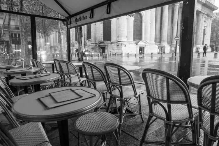 black and white terrace rain soaked afternoon in Paris