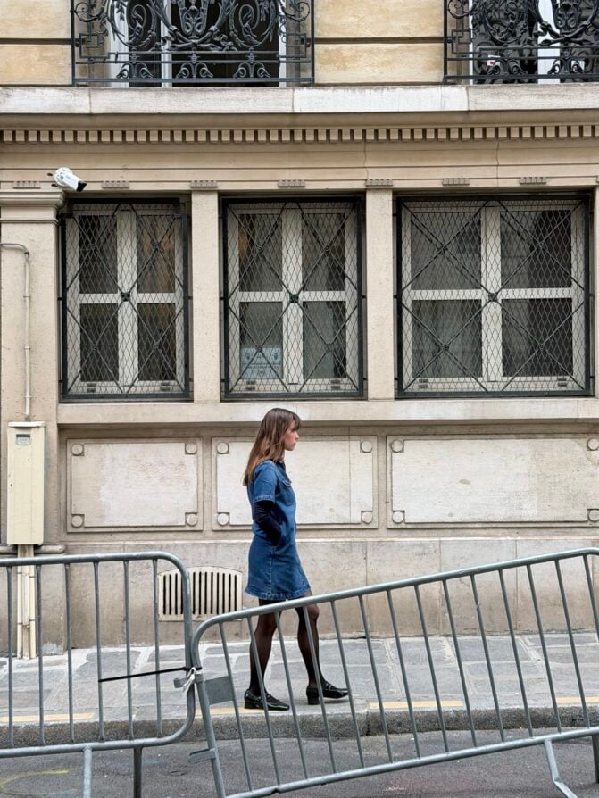 denim dress and tights Parisian woman