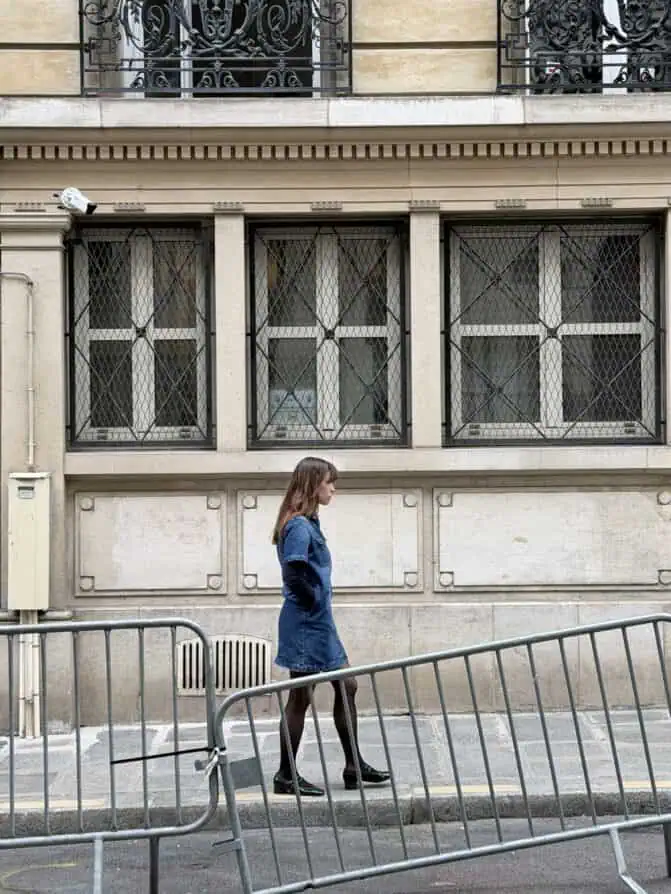denim dress and tights Parisian woman