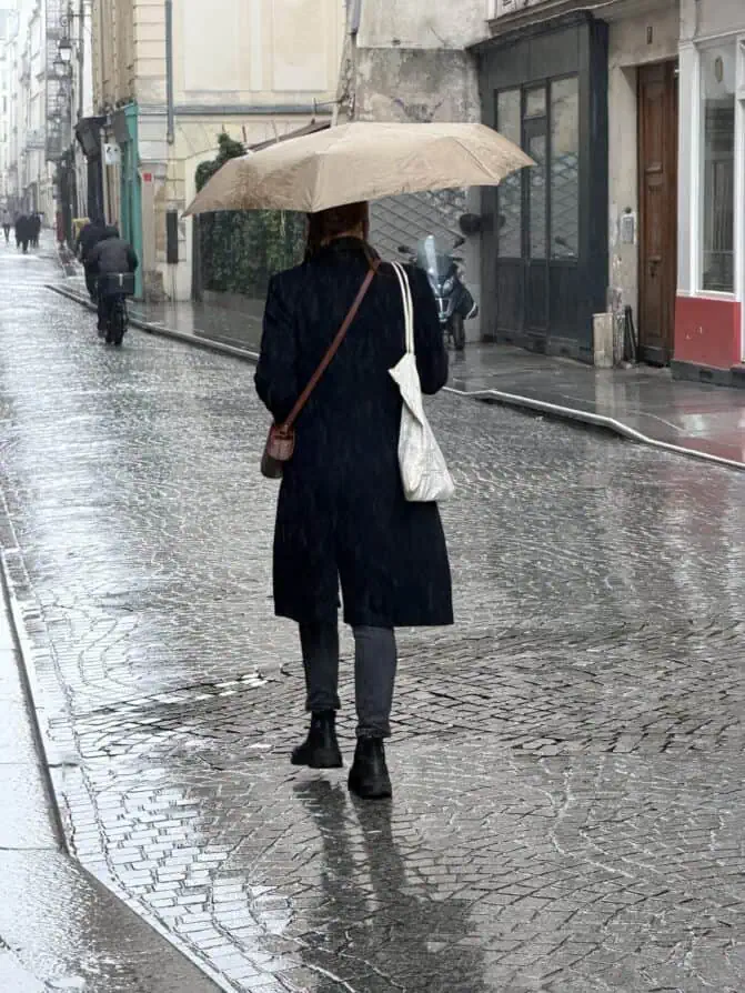 winter rainy day cobblestone streets glistening