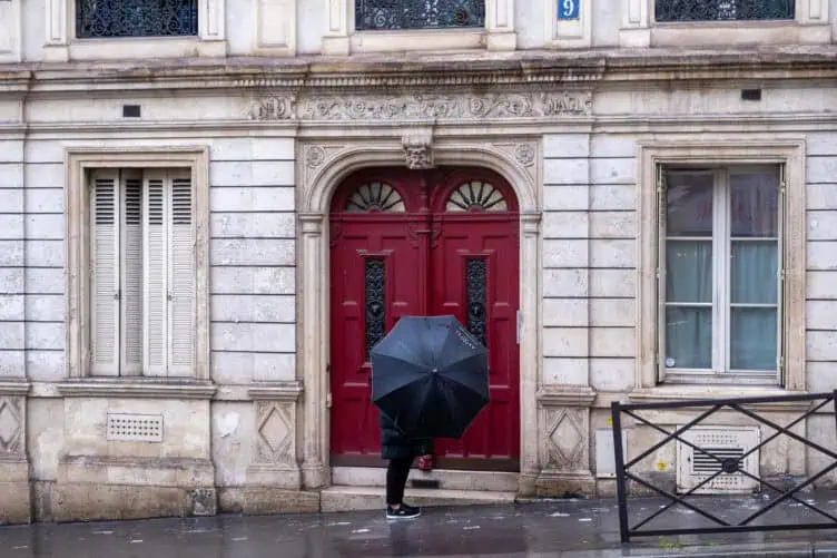 red door rainy day Paris winter.