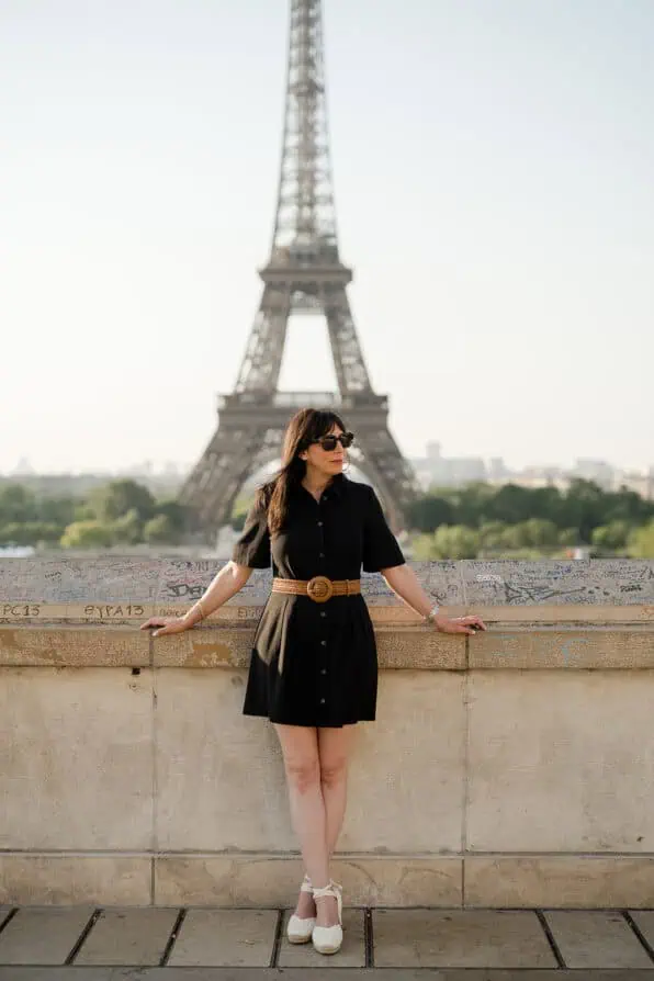 Solo Photo Shoot in the Trocadero Eiffel Tower in Paris. Sézane dress and brown belt