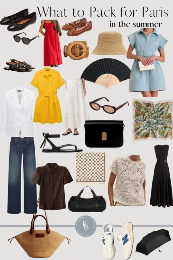 What to pack for Paris in the summer collage. Dresses, sneakers, sandals, straw hat, crossbody bag, and accessories in a neutral palette with a pop of color