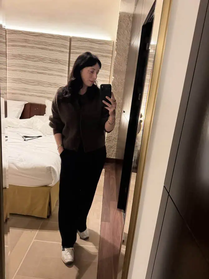 Frame sweater and Ayr high hopes pants for a travel day