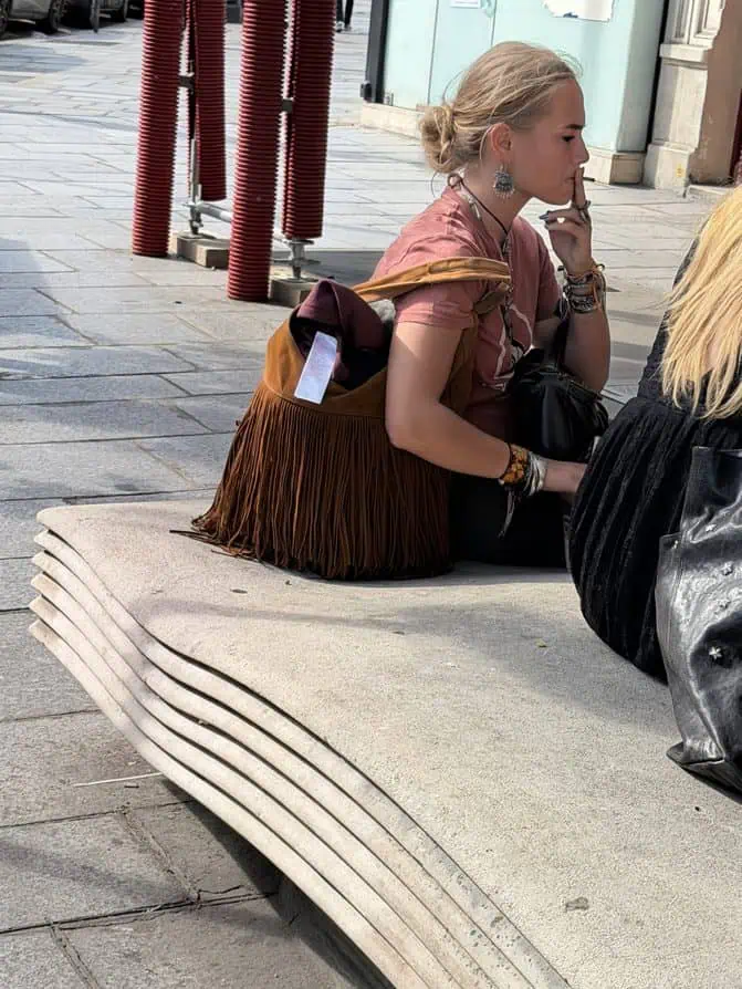brown fringe bag Parisian trends fall
